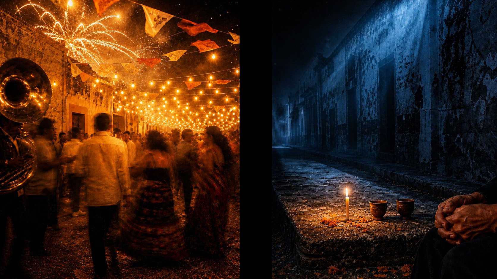 Una sola imagen partida en dos. A la izquierda una fiesta callejera bajo hileras de foquitos y papel picado, una tuba, fuegos artificiales, bailarines movidos. A la derecha la misma noche en silencio: una vela sobre una banqueta de piedra, dos copitas puestas lado a lado, pétalos de cempasúchil y unas manos en reposo.