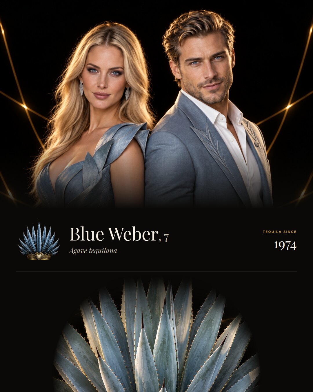 Blue Weber: a woman and a man back to back looking at the camera, the app crown beside the name, and the plant below.