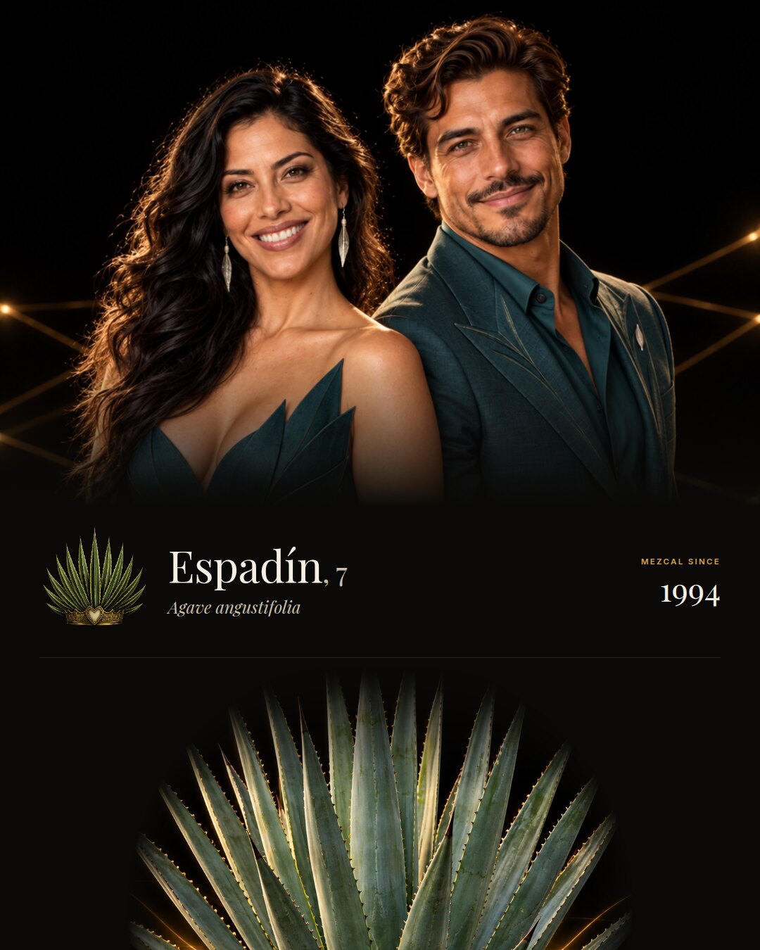 Espad&iacute;n: a woman and a man back to back looking at the camera, the app crown beside the name, and the plant below.