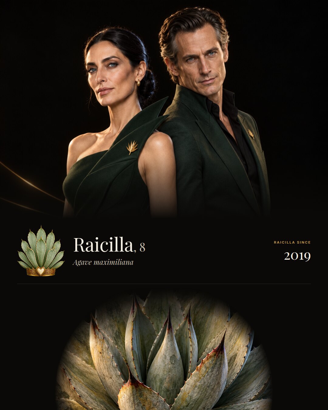 Raicilla: a woman and a man back to back looking at the camera, the app crown beside the name, and the plant below.