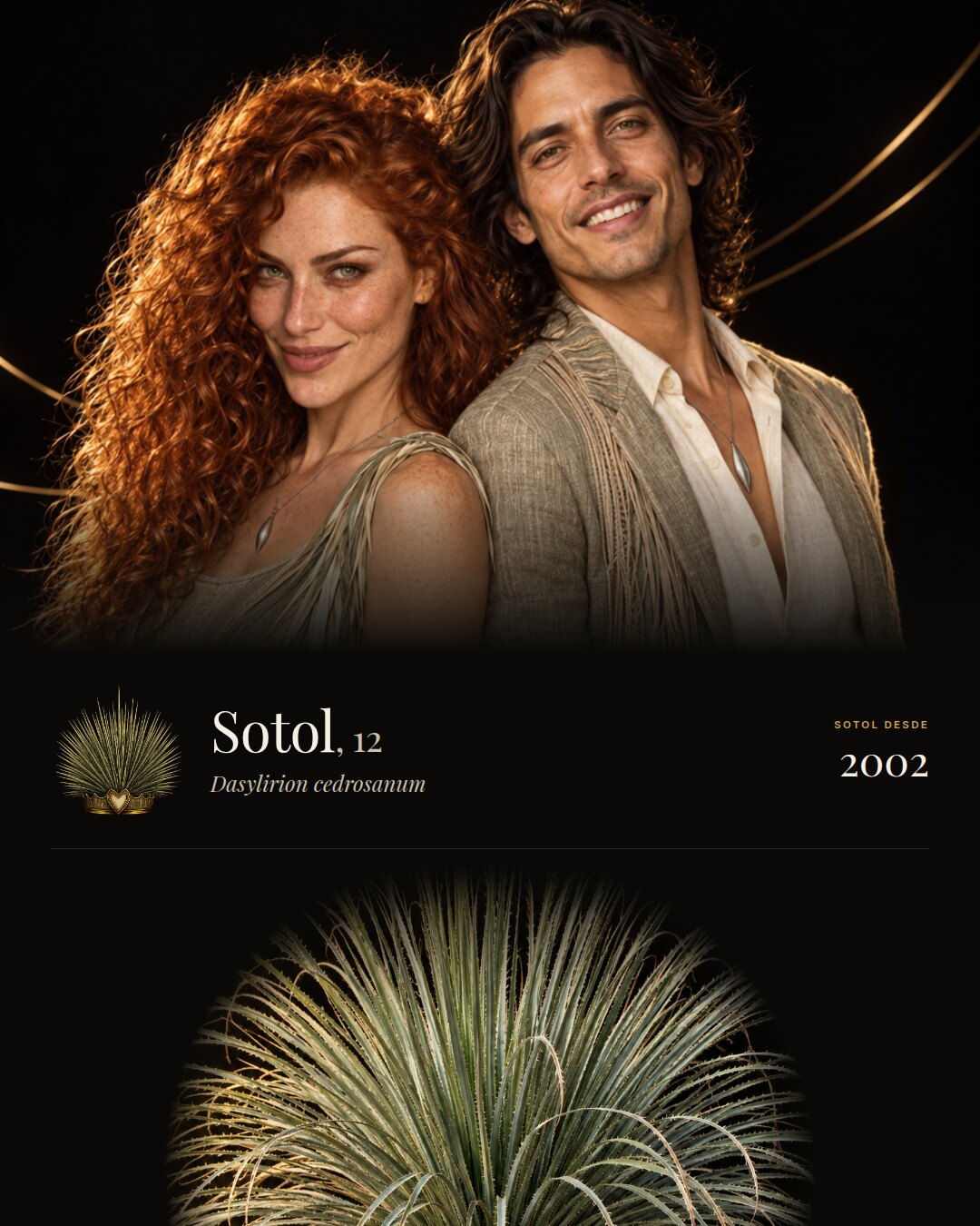 Sotol: una mujer y un hombre espalda con espalda mirando a la c&aacute;mara, la corona de la app junto al nombre y la planta abajo.
