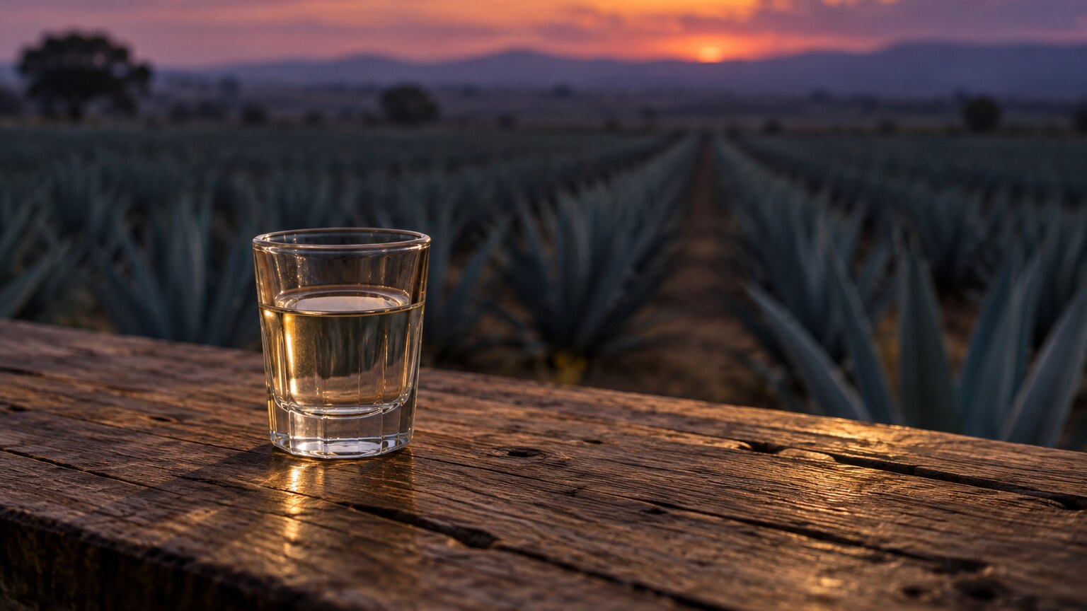 A small glass of clear agave spirit on a weathered wooden table at dusk, with rows of mature blue agave receding to a violet horizon behind it.