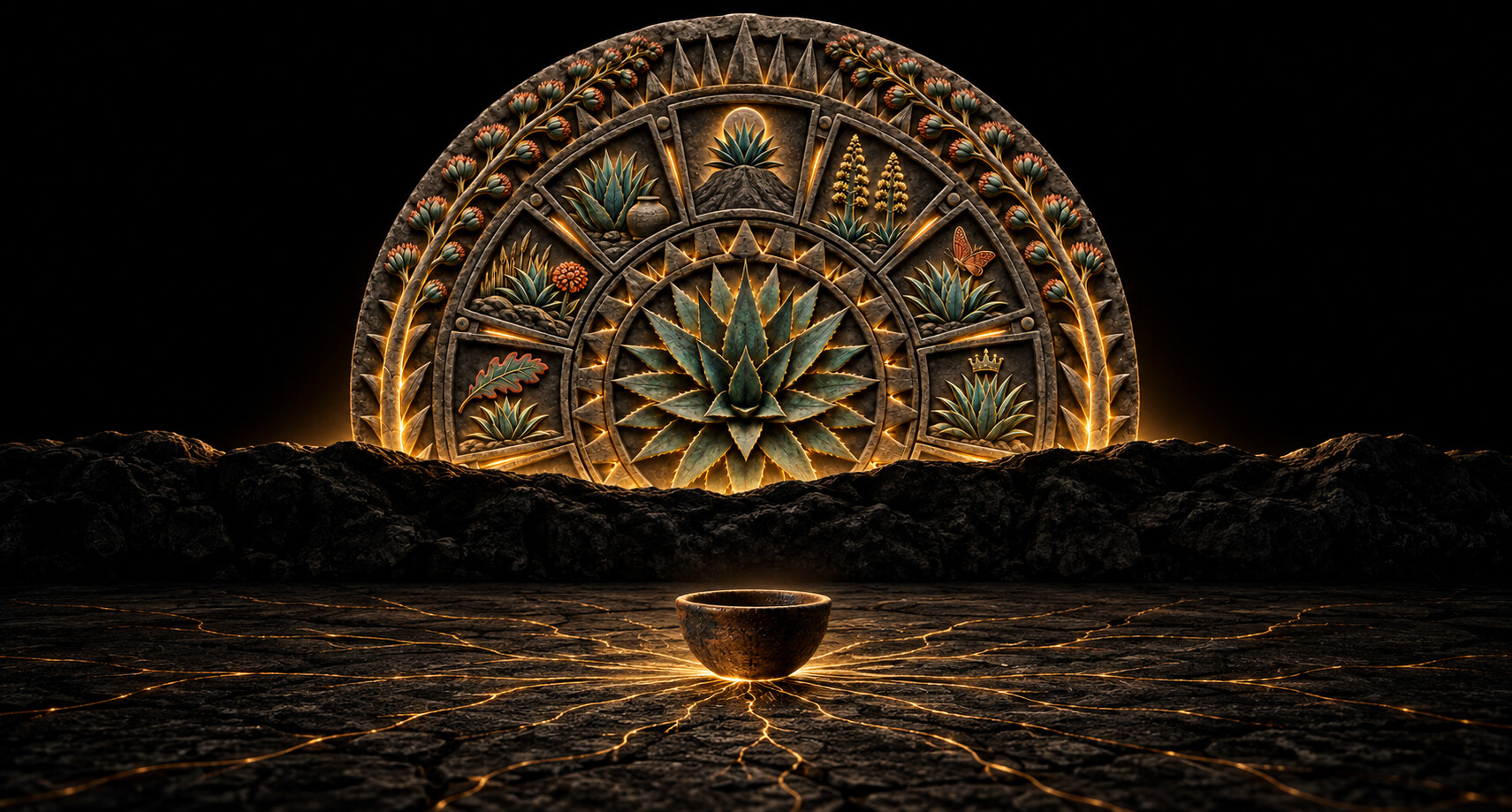 The carved agave calendar, a Sun-Stone-shaped wheel of twelve agave symbols, rising like the sun over a black horizon, its grooves glowing gold.