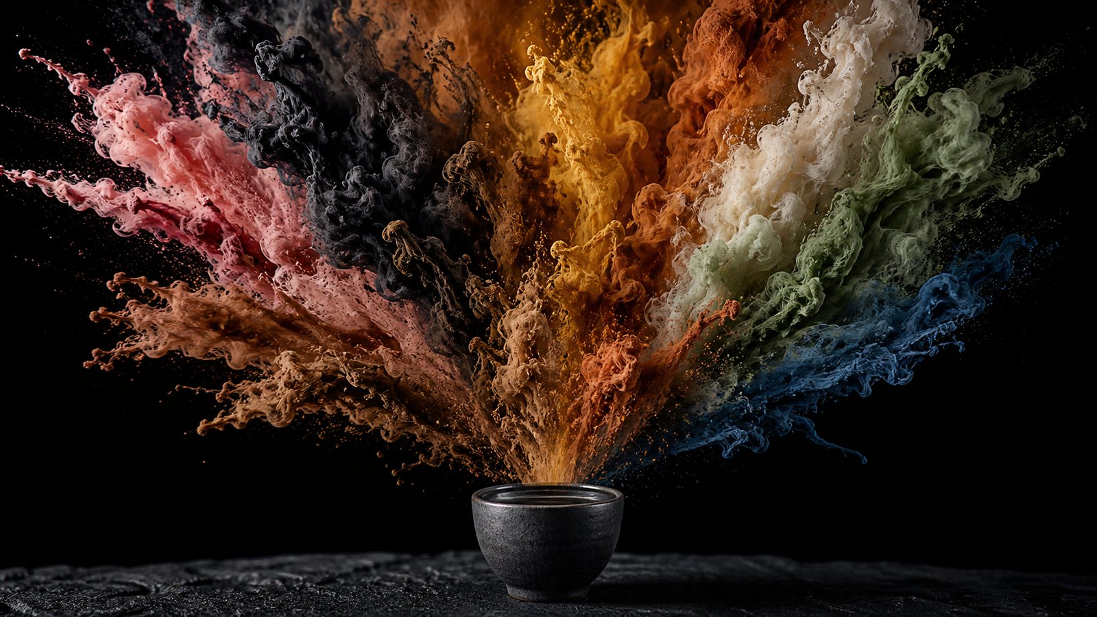 A dark copita on a stone surface with a plume of coloured pigment erupting upward from it in eight distinct colours against black.