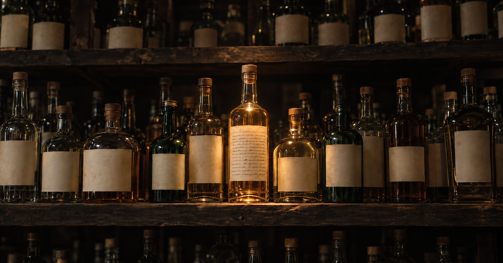 Un estante de botellas de destilado en una cava oscura, todas con la etiqueta en blanco, y una sola iluminada desde arriba con la etiqueta cubierta de escritura a mano.