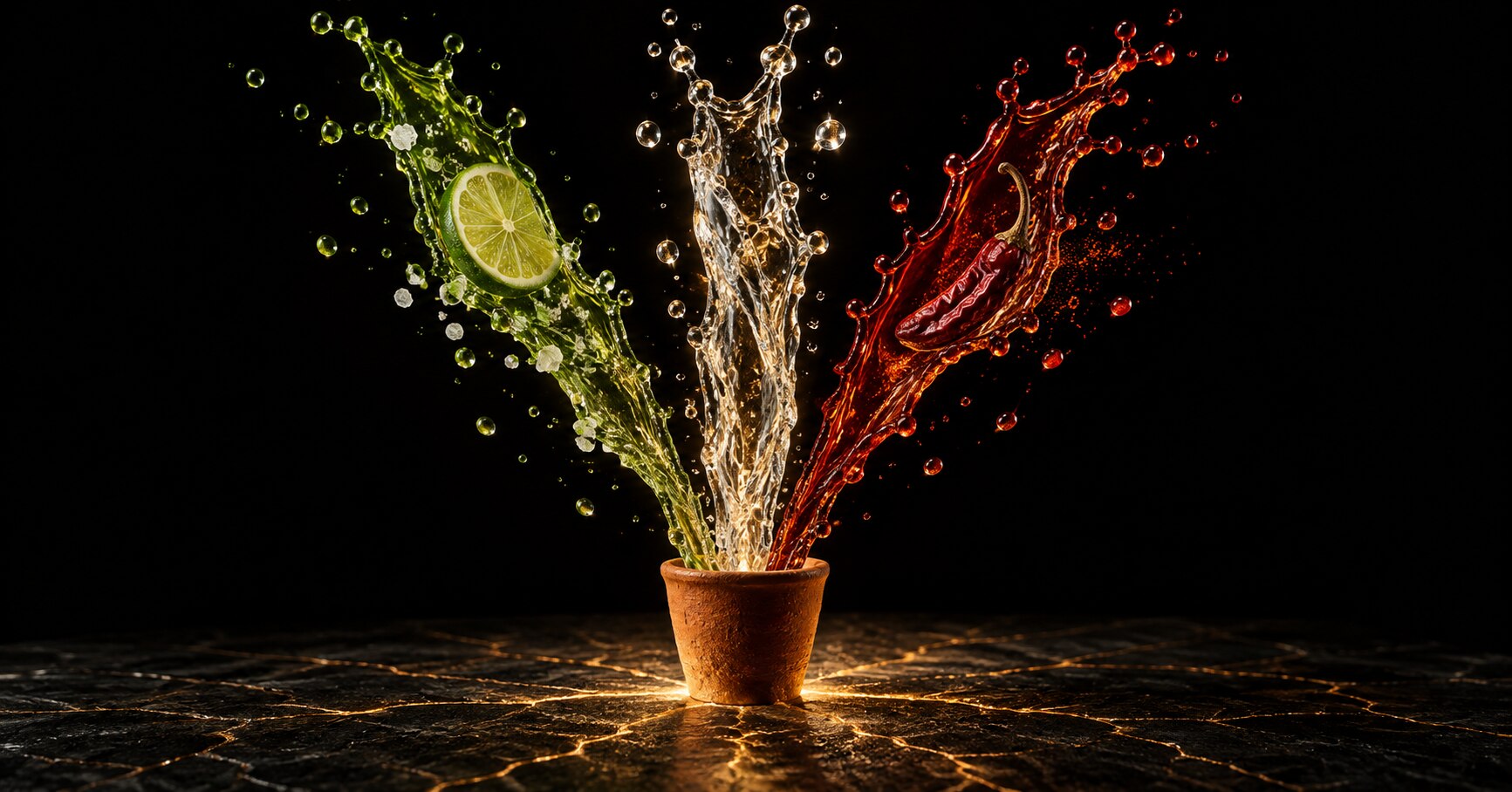 Una copita de barro sobre piedra negra, y arriba una bebida separ&aacute;ndose en el aire en tres listones de l&iacute;quido: verde lim&oacute;n con una rodaja y cristales de sal, destilado claro dorado, y rojo chile con un chile seco adentro. Una red de l&iacute;neas de luz recorre la piedra bajo la copita.