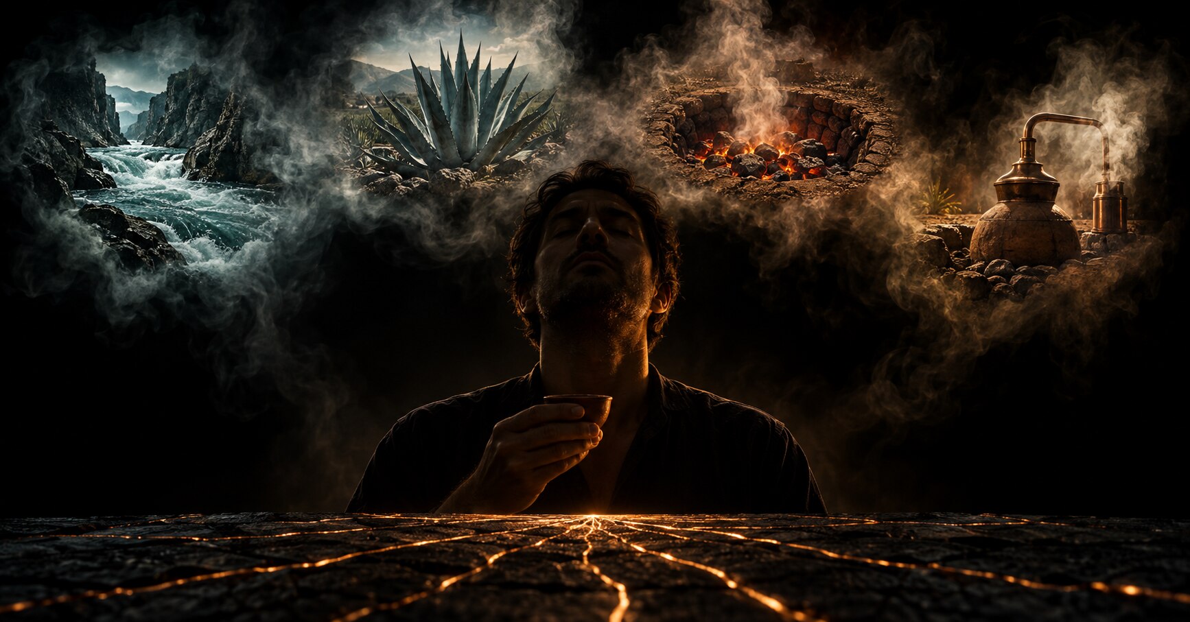 A man with his eyes closed lowers a small copita from his lips in the dark, four lit scenes forming in the smoke above his head: a river in a canyon, a mature agave, a burning earth oven pit, and a still. A web of glowing lines runs across the stone in front of him.