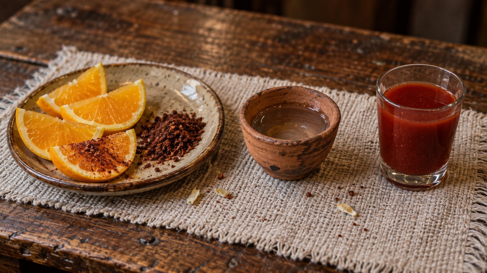 Una mesa de mezcaler&iacute;a sobre tela tejida: un plato con rodajas de naranja y un mont&oacute;n de sal de gusano rojo oscuro, una rodaja ya espolvoreada, una copita de barro con mezcal claro y un vasito de sangrita roja.