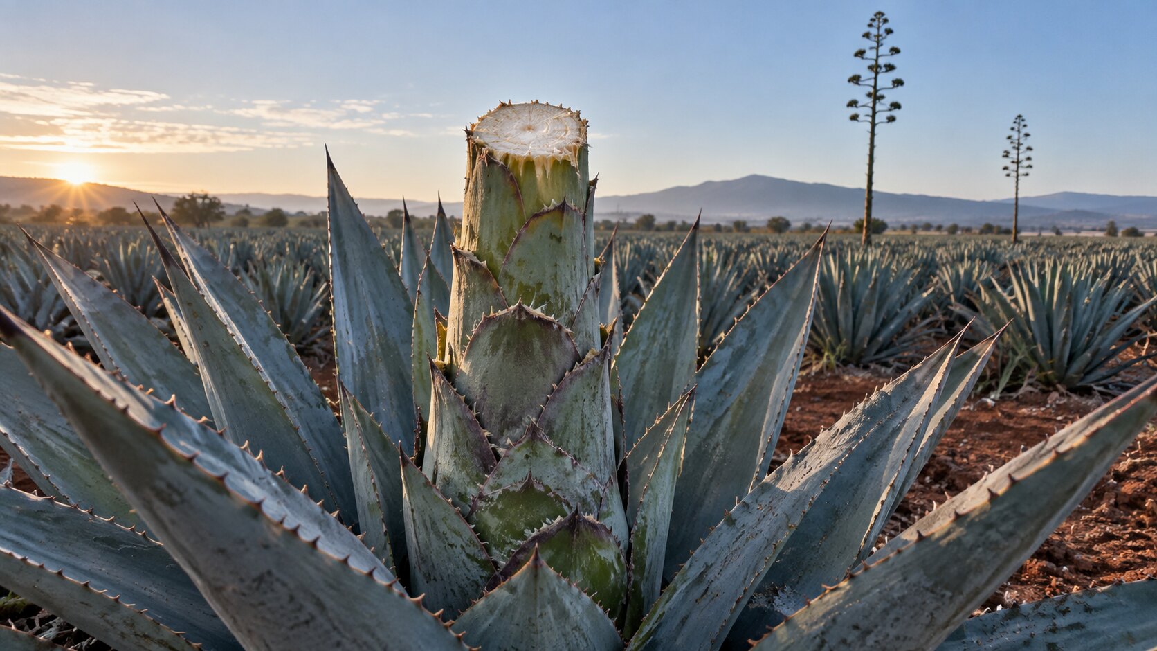 A mature blue agave photographed from low and close, its flowering stalk cleanly severed a meter above the heart, the cut end pale and raw, with two uncut quiotes standing tall in the distance.