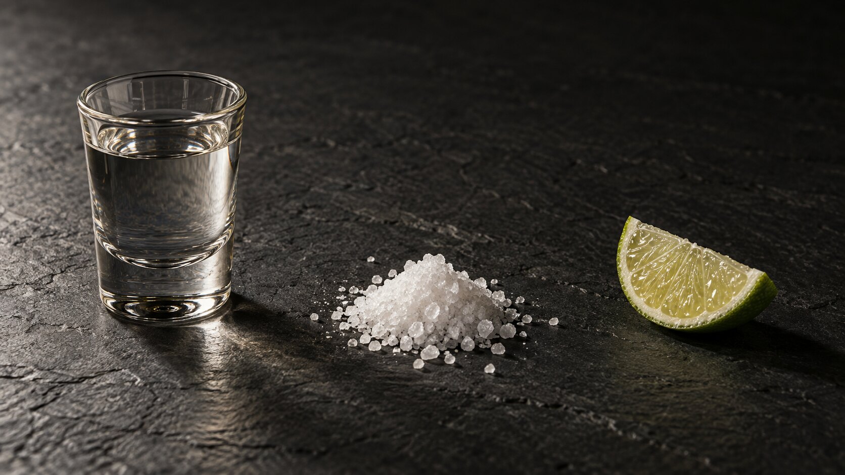 Un bodeg&oacute;n formal sobre pizarra oscura: un caballito de tequila claro, un mont&iacute;culo de sal de grano y una sola rodaja de lim&oacute;n, separados como herramientas antes de usarse.