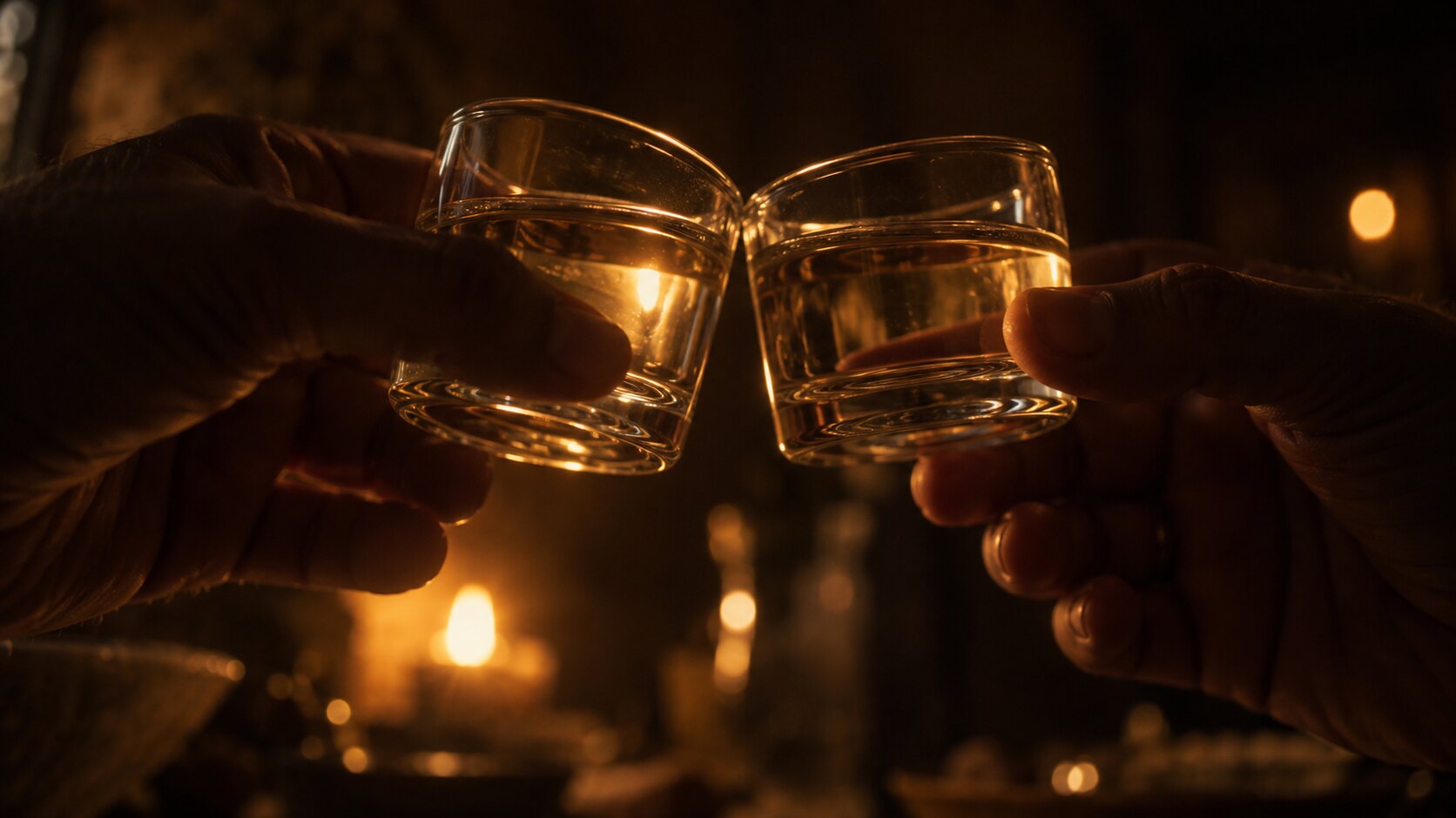 Two small glasses of clear spirit meeting at the rim in candlelight, held by two hands cropped at the wrist, the room behind them dark.