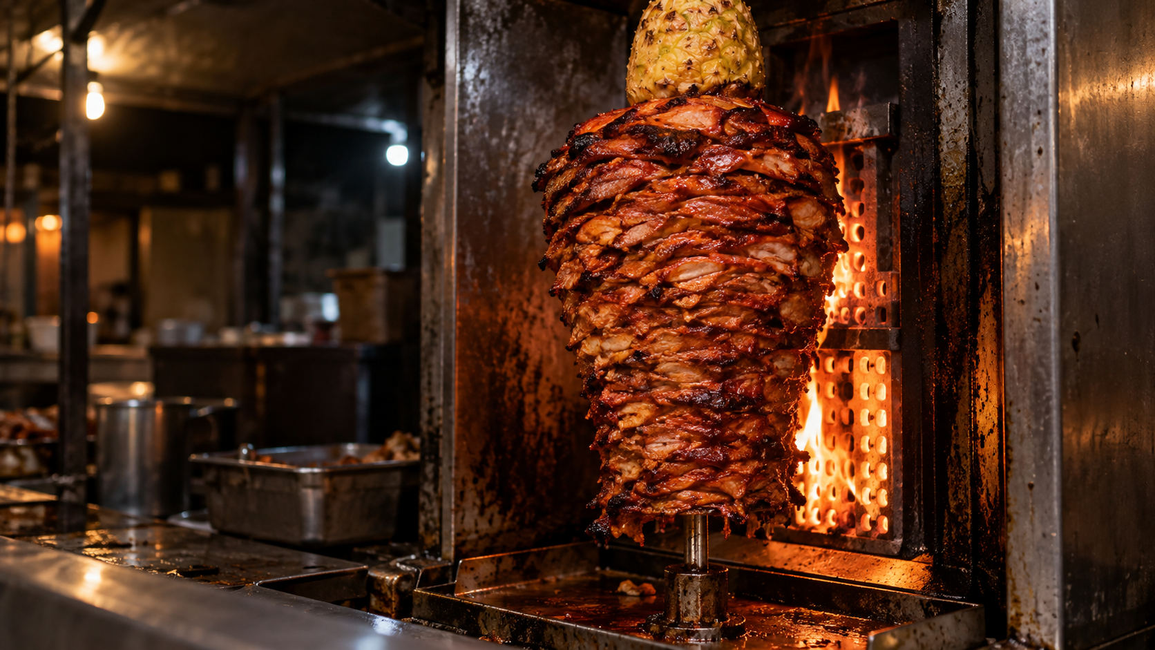 Un trompo de pastor girando junto a un asador vertical de flama en la noche, con una piña entera arriba y el metal gastado brillando por el calor.